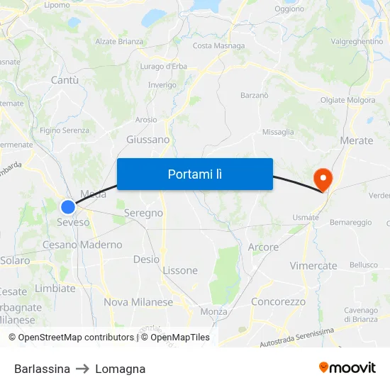 Barlassina to Lomagna map