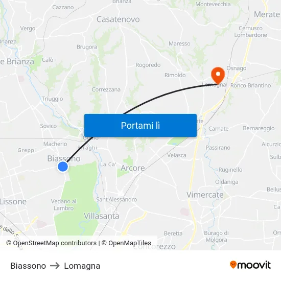Biassono to Lomagna map