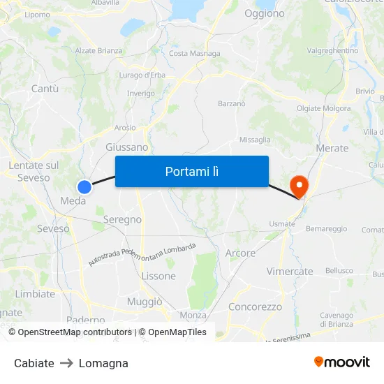Cabiate to Lomagna map
