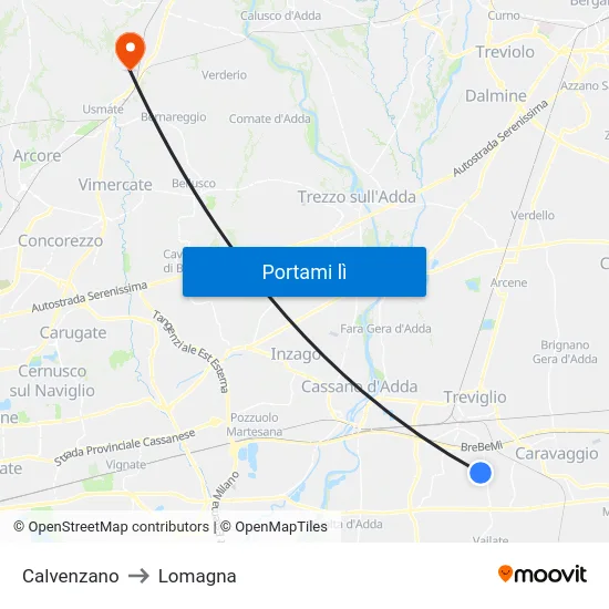 Calvenzano to Lomagna map