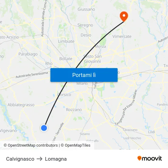Calvignasco to Lomagna map