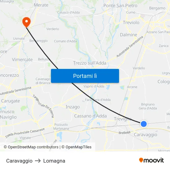 Caravaggio to Lomagna map