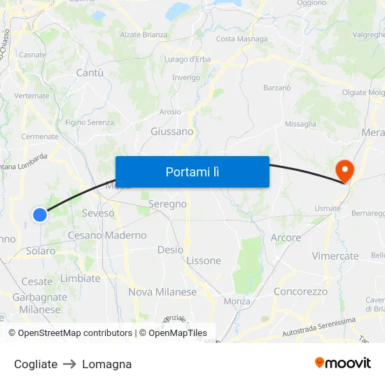 Cogliate to Lomagna map