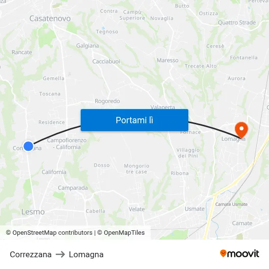 Correzzana to Lomagna map