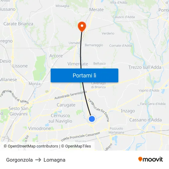 Gorgonzola to Lomagna map