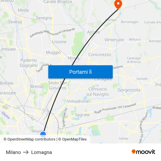 Milano to Lomagna map