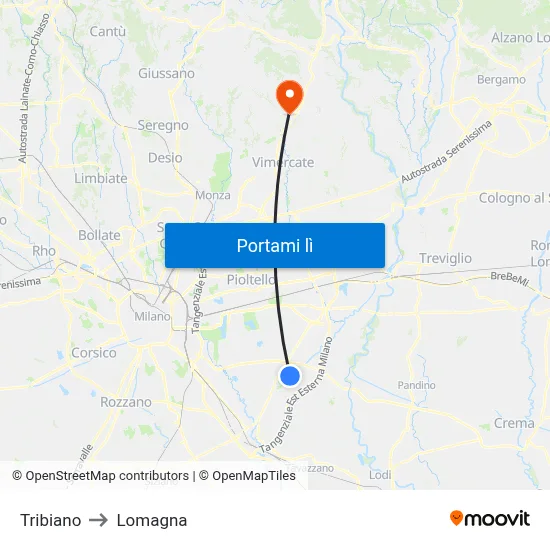 Tribiano to Lomagna map