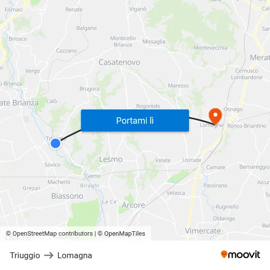 Triuggio to Lomagna map