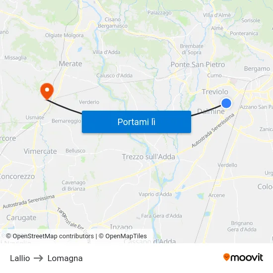 Lallio to Lomagna map