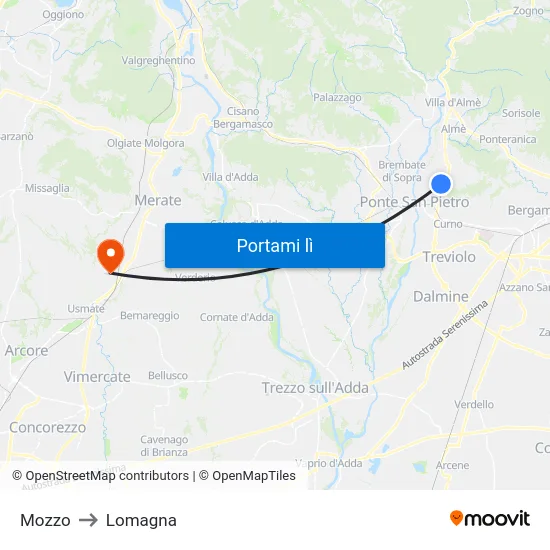 Mozzo to Lomagna map