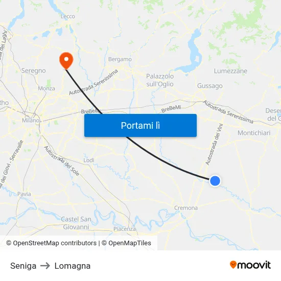 Seniga to Lomagna map