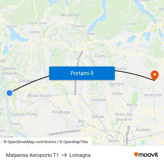 Malpensa Aeroporto T1 to Lomagna map