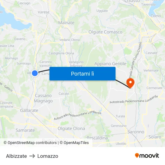 Albizzate to Lomazzo map