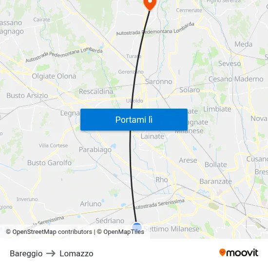Bareggio to Lomazzo map