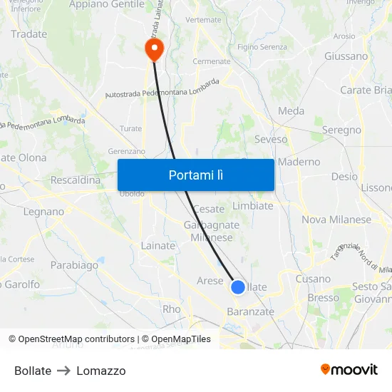 Bollate to Lomazzo map