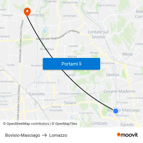Bovisio-Masciago to Lomazzo map