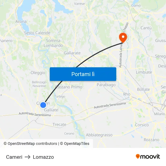 Cameri to Lomazzo map