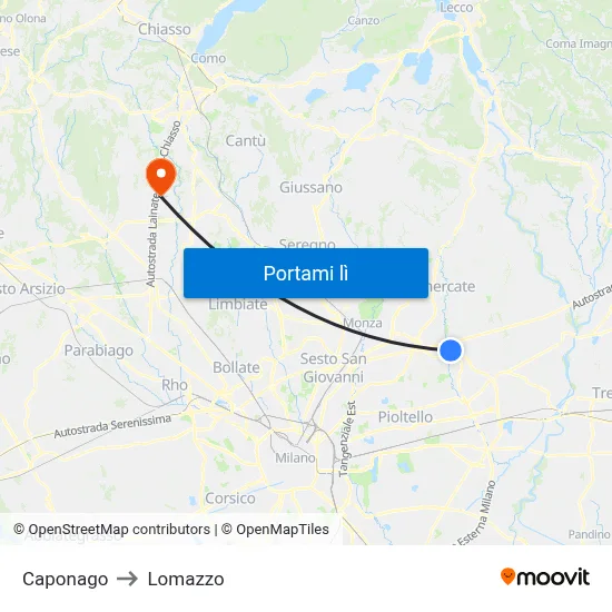 Caponago to Lomazzo map