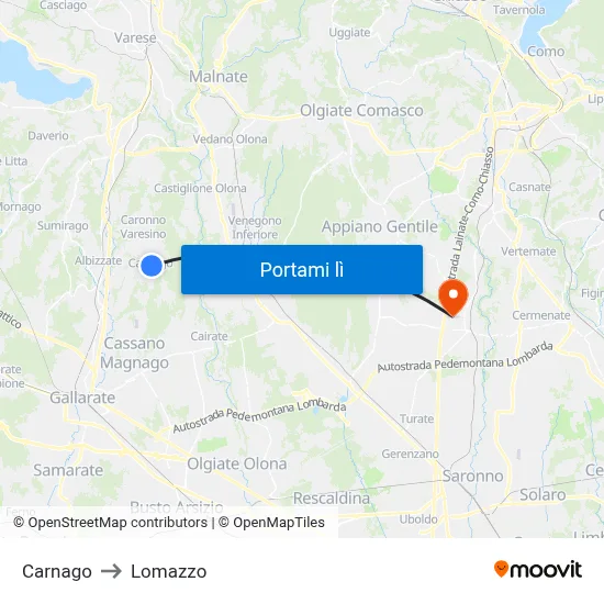 Carnago to Lomazzo map