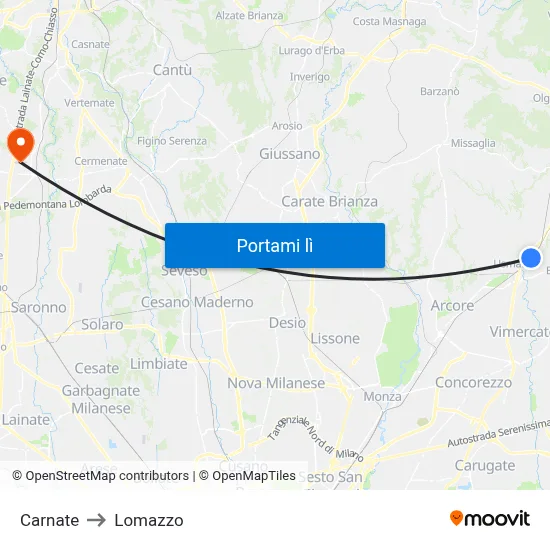 Carnate to Lomazzo map