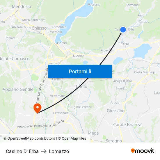 Caslino D' Erba to Lomazzo map