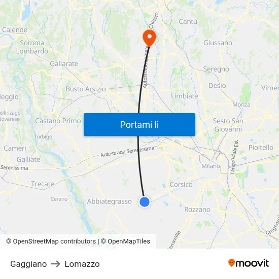 Gaggiano to Lomazzo map