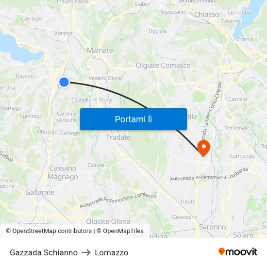 Gazzada Schianno to Lomazzo map