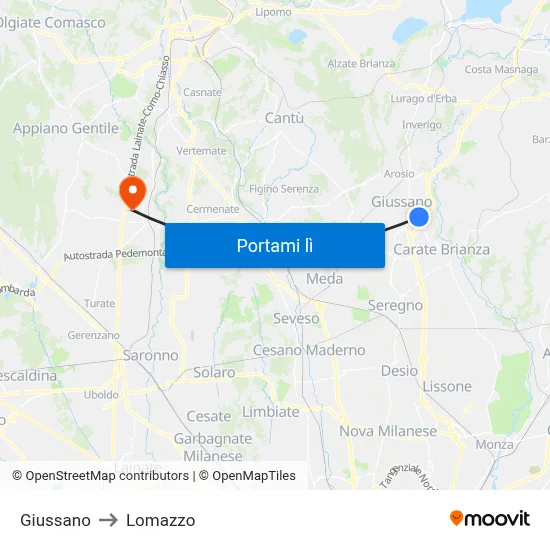 Giussano to Lomazzo map