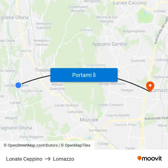Lonate Ceppino to Lomazzo map