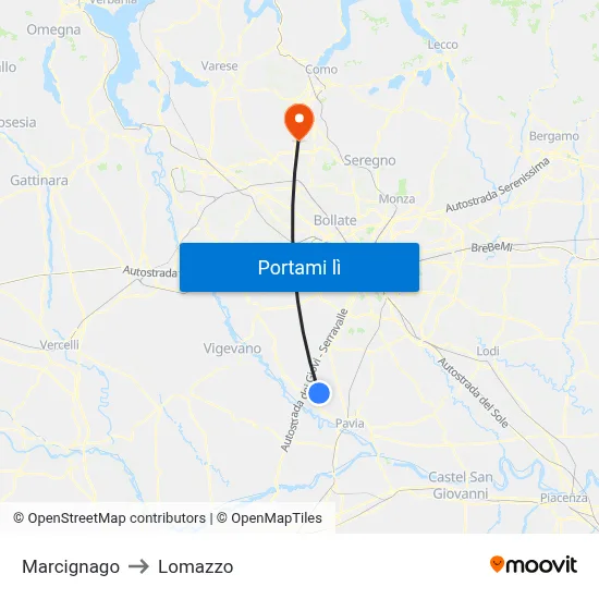 Marcignago to Lomazzo map