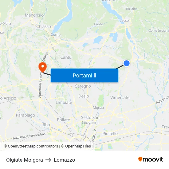 Olgiate Molgora to Lomazzo map