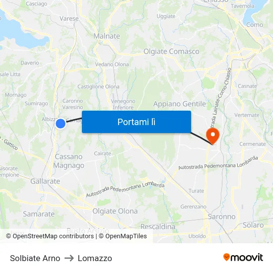 Solbiate Arno to Lomazzo map