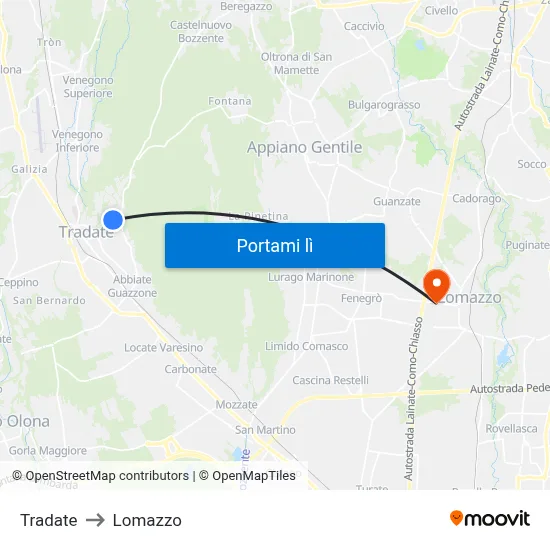 Tradate to Lomazzo map