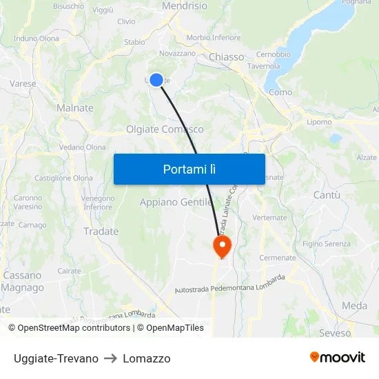 Uggiate-Trevano to Lomazzo map