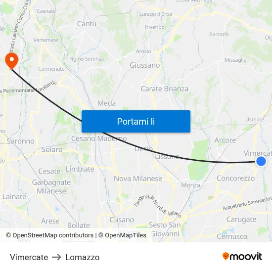 Vimercate to Lomazzo map