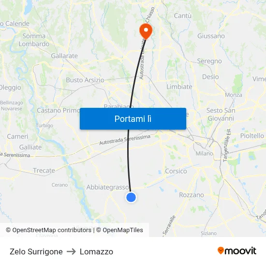 Zelo Surrigone to Lomazzo map