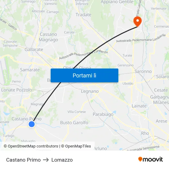 Castano Primo to Lomazzo map