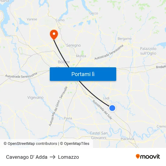 Cavenago D' Adda to Lomazzo map