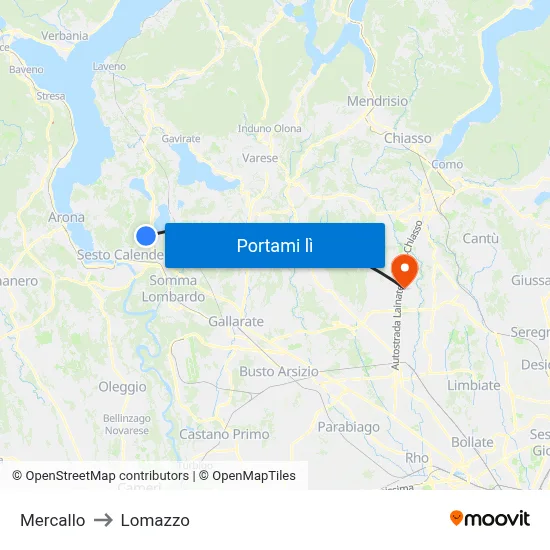 Mercallo to Lomazzo map