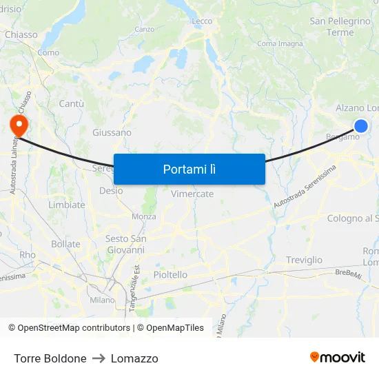 Torre Boldone to Lomazzo map