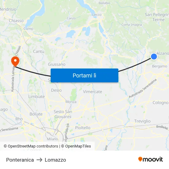 Ponteranica to Lomazzo map