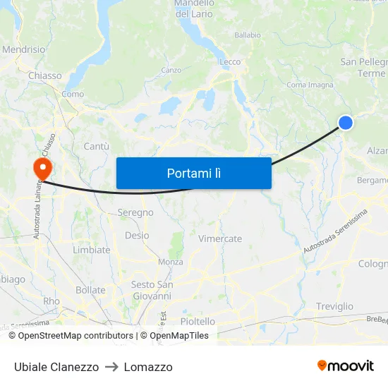 Ubiale Clanezzo to Lomazzo map