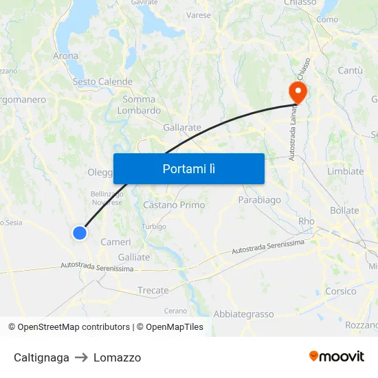 Caltignaga to Lomazzo map