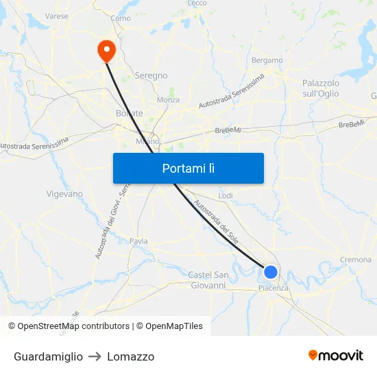Guardamiglio to Lomazzo map