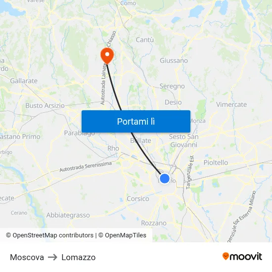 Moscova to Lomazzo map