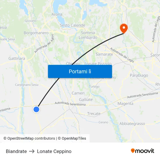 Biandrate to Lonate Ceppino map