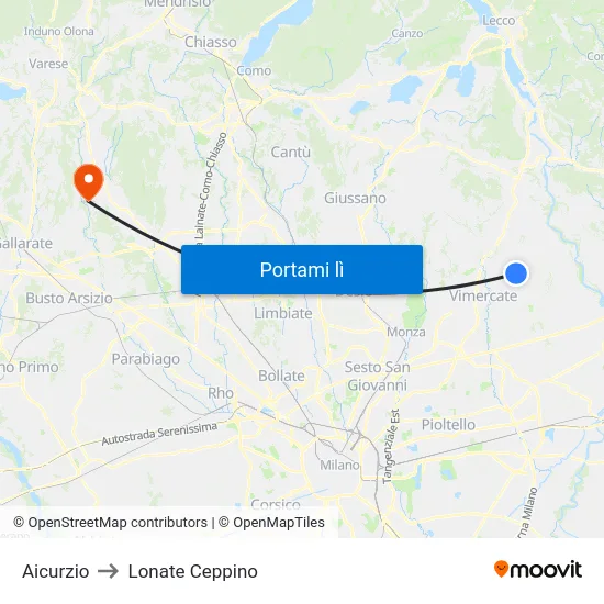 Aicurzio to Lonate Ceppino map