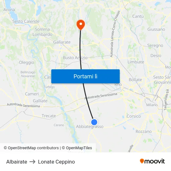 Albairate to Lonate Ceppino map