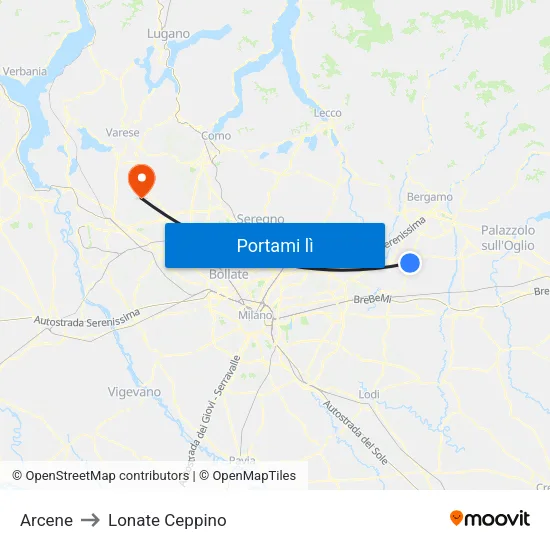 Arcene to Lonate Ceppino map