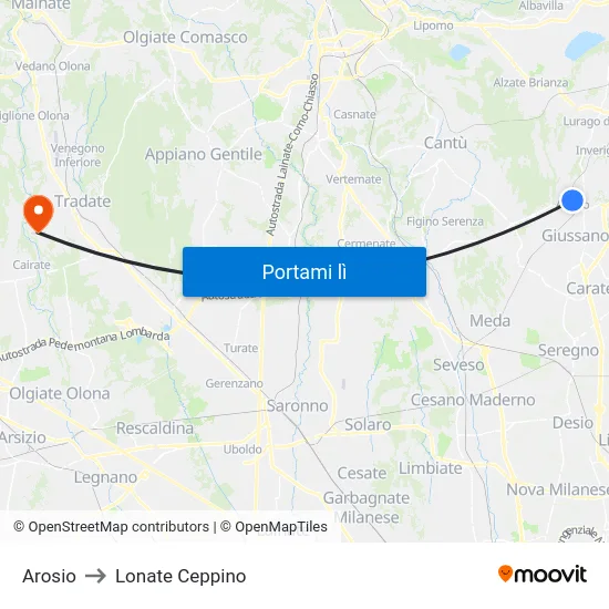 Arosio to Lonate Ceppino map